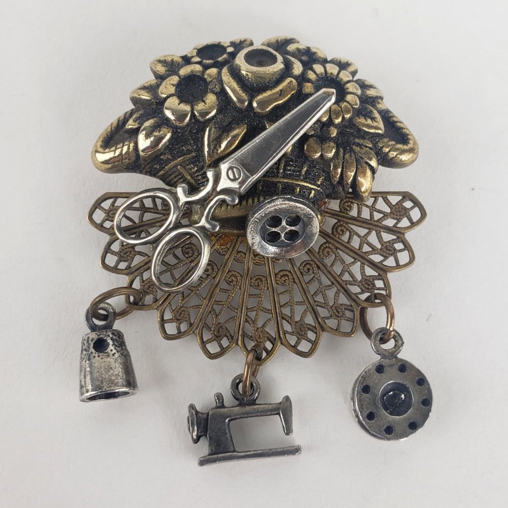 Sewing Flower Basket Brooch w/ Charms Grandma Chic